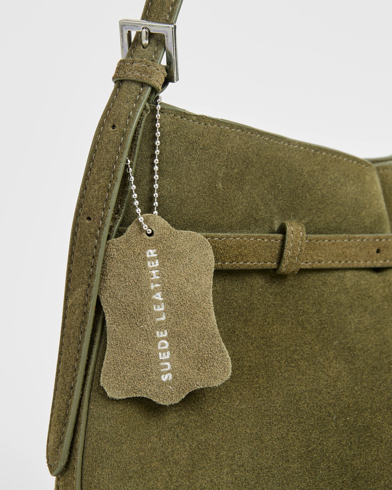 Premium Suede Leather Belted Bucket Bag - Khaki 2 of 3