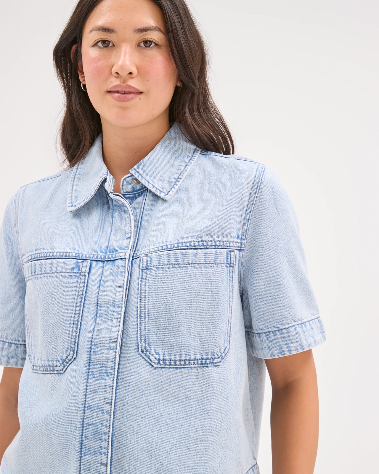 Short Sleeve Concealed Placket Denim Shirt 5 of 5