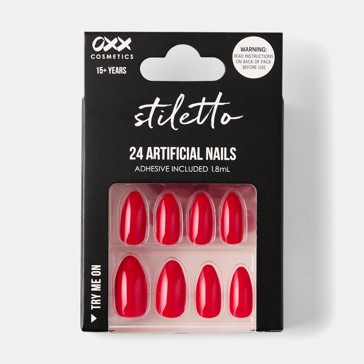 24 Pack Artificial Nails with Adhesive, Stiletto Shape, Red - OXX Cosmetics
