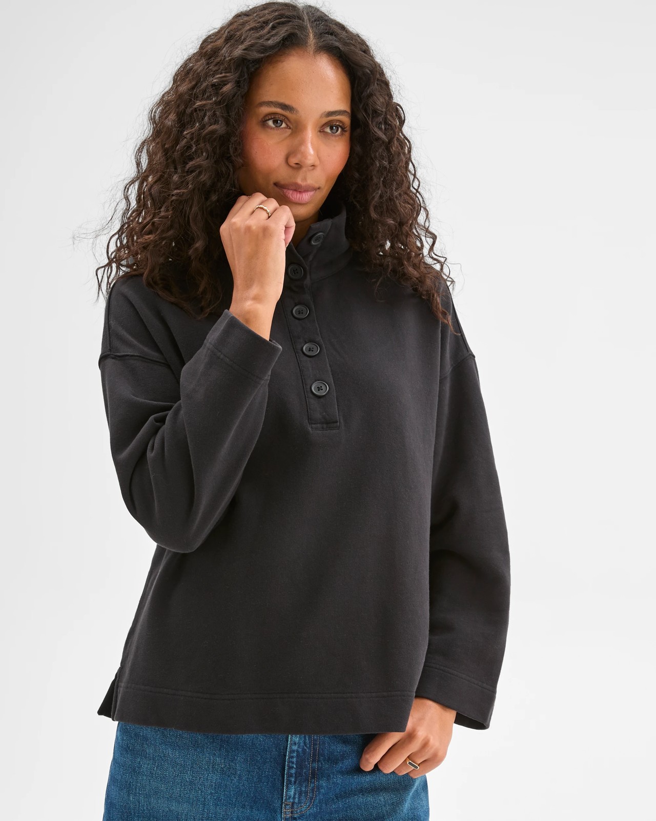 Australian Cotton Funnel Neck Button Front Jumper - Washed Black 3 of 6