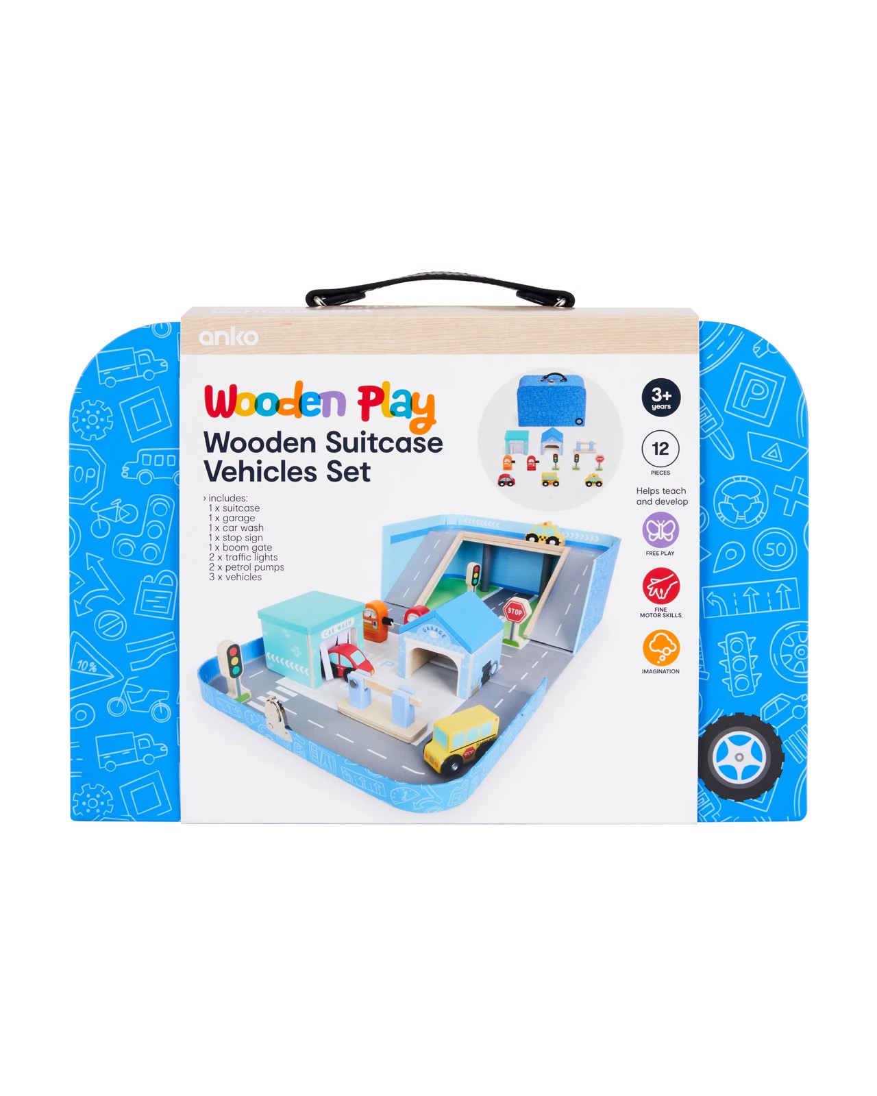 Anko 12 Piece Wooden Play Suitcase Vehicles Set 5 of 5