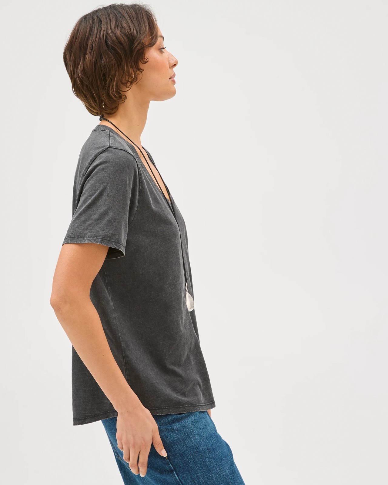 Australian Cotton Slub Relaxed V-Neck T-Shirt - Black Acid 5 of 5