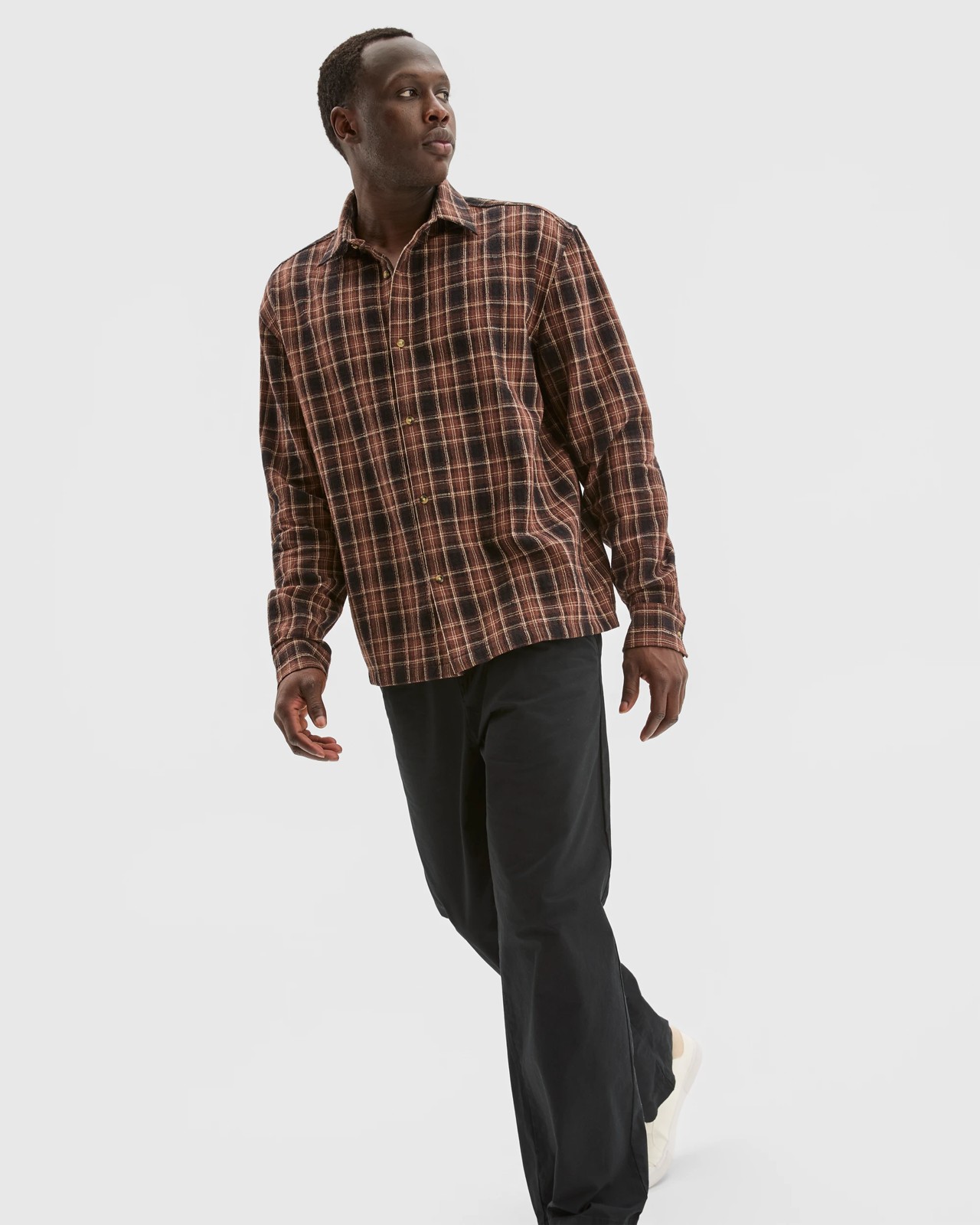 Commons Australian Cotton Boxy Fit Long Sleeve Textured Shirt - Tan Large Check 2 of 5