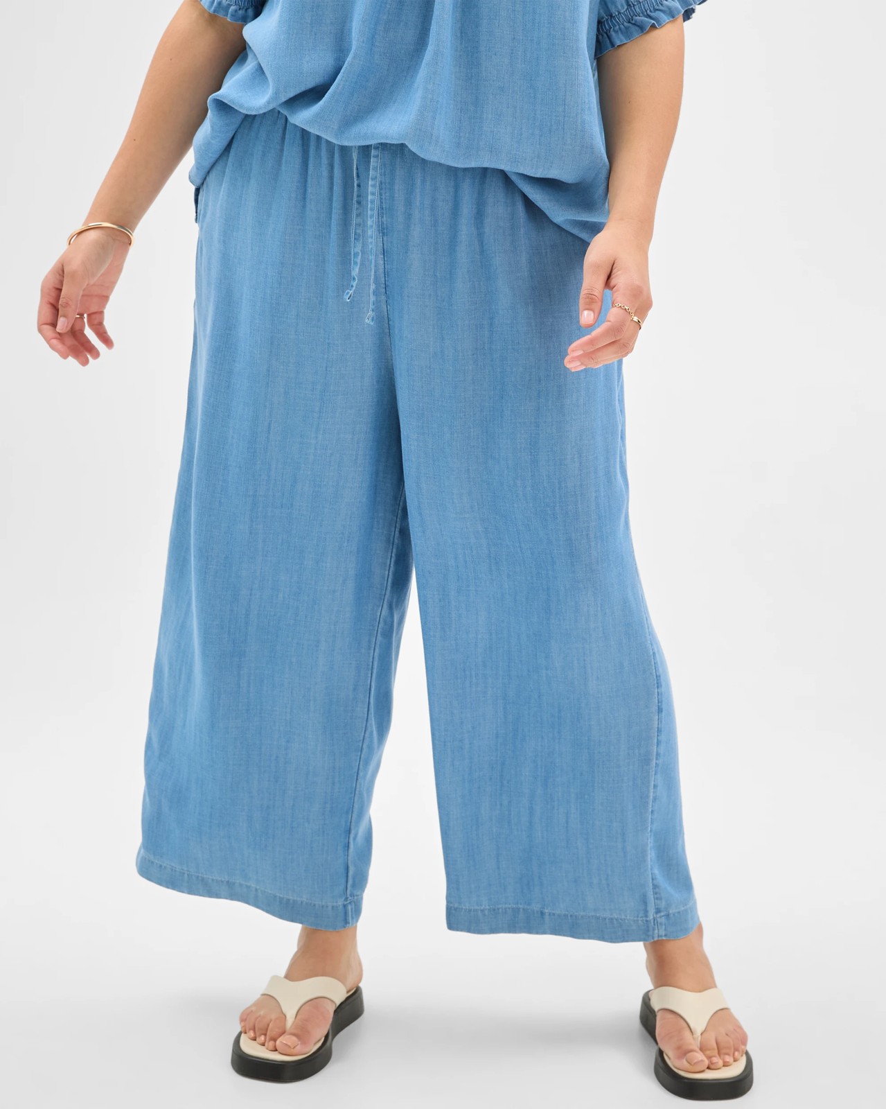 Plus Size Lyocell Crop Chambray Wide Leg Pants 3 of 5