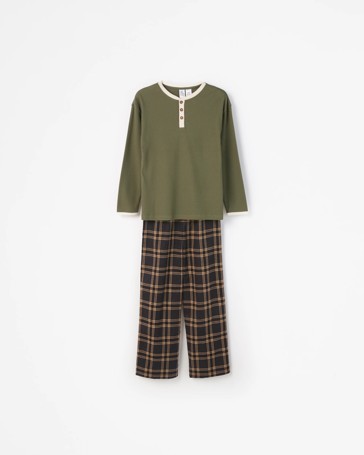 Australian Cotton Older Boys Henley Top and Flannel Pants Pyjama Set