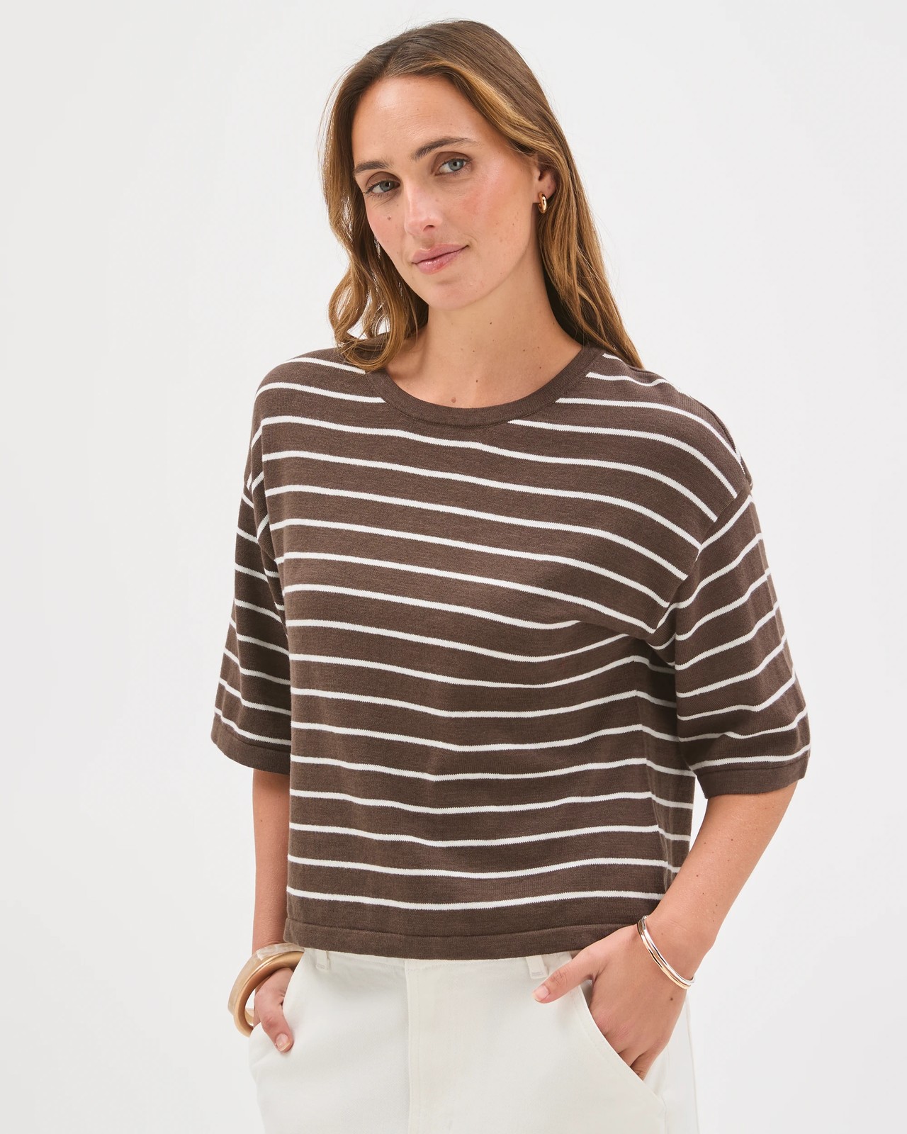 Australian Cotton Blend Drop Shoulder Boxy Knit T-Shirt - Brown Stripe 3 of 6