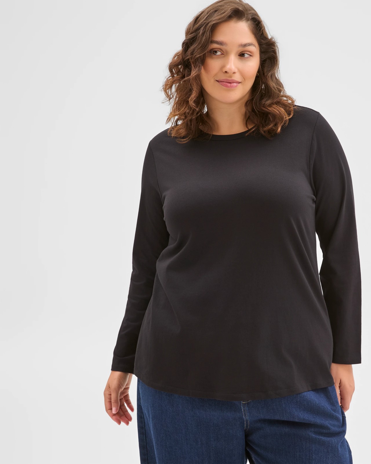 Plus Size Australian Cotton Long Sleeve Crew T-Shirt - Black 2 of 6