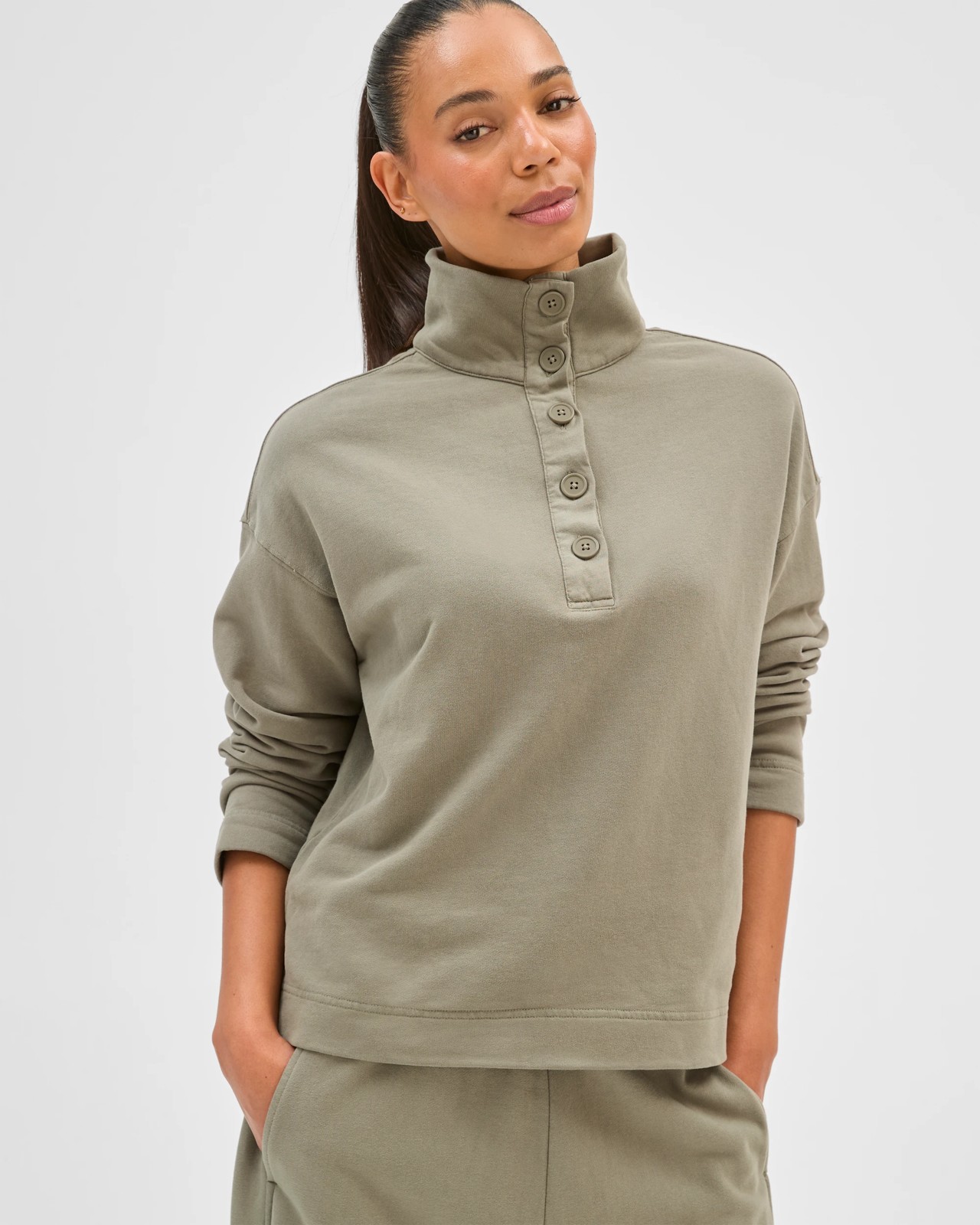 Australian Cotton Funnel Neck Button Front Jumper - Washed Olive 4 of 5