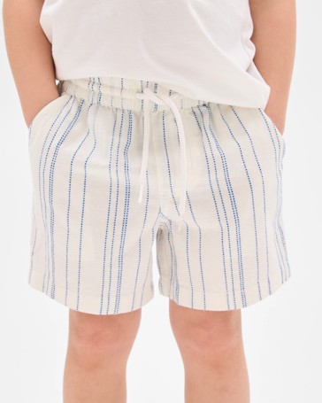 Cotton Linen Blend Textured Stripe Volley Shorts