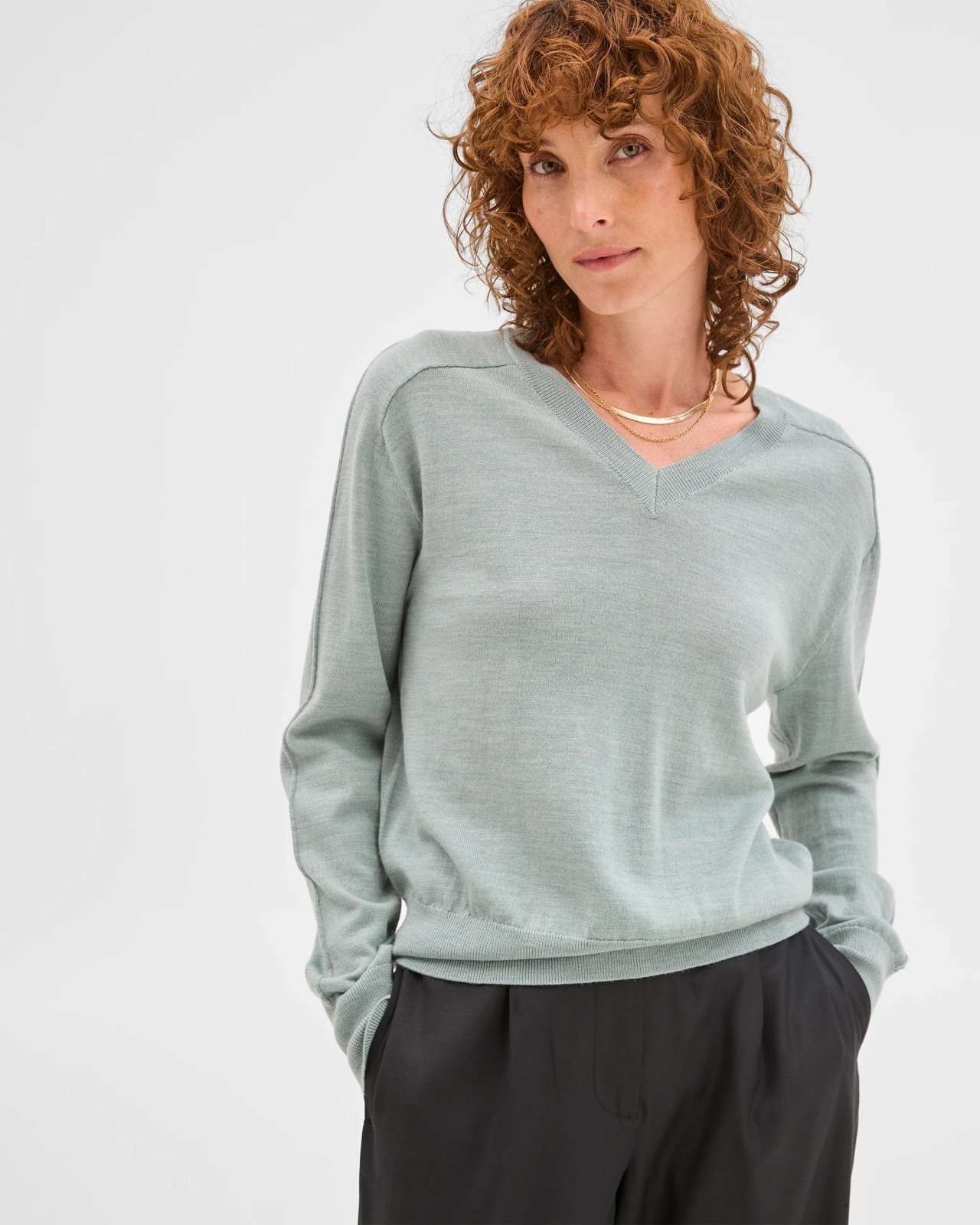 Preview Australian Merino Wool Long Sleeve V-Neck Knit Top - Green Slate Marle 4 of 6