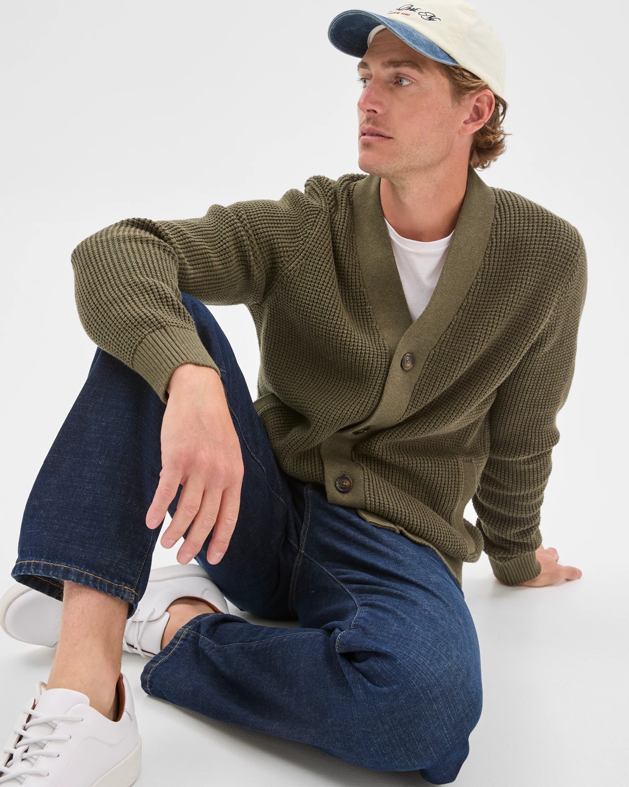 Australian Cotton V-Neck Waffle Knit Cardigan - Khaki 2 of 6