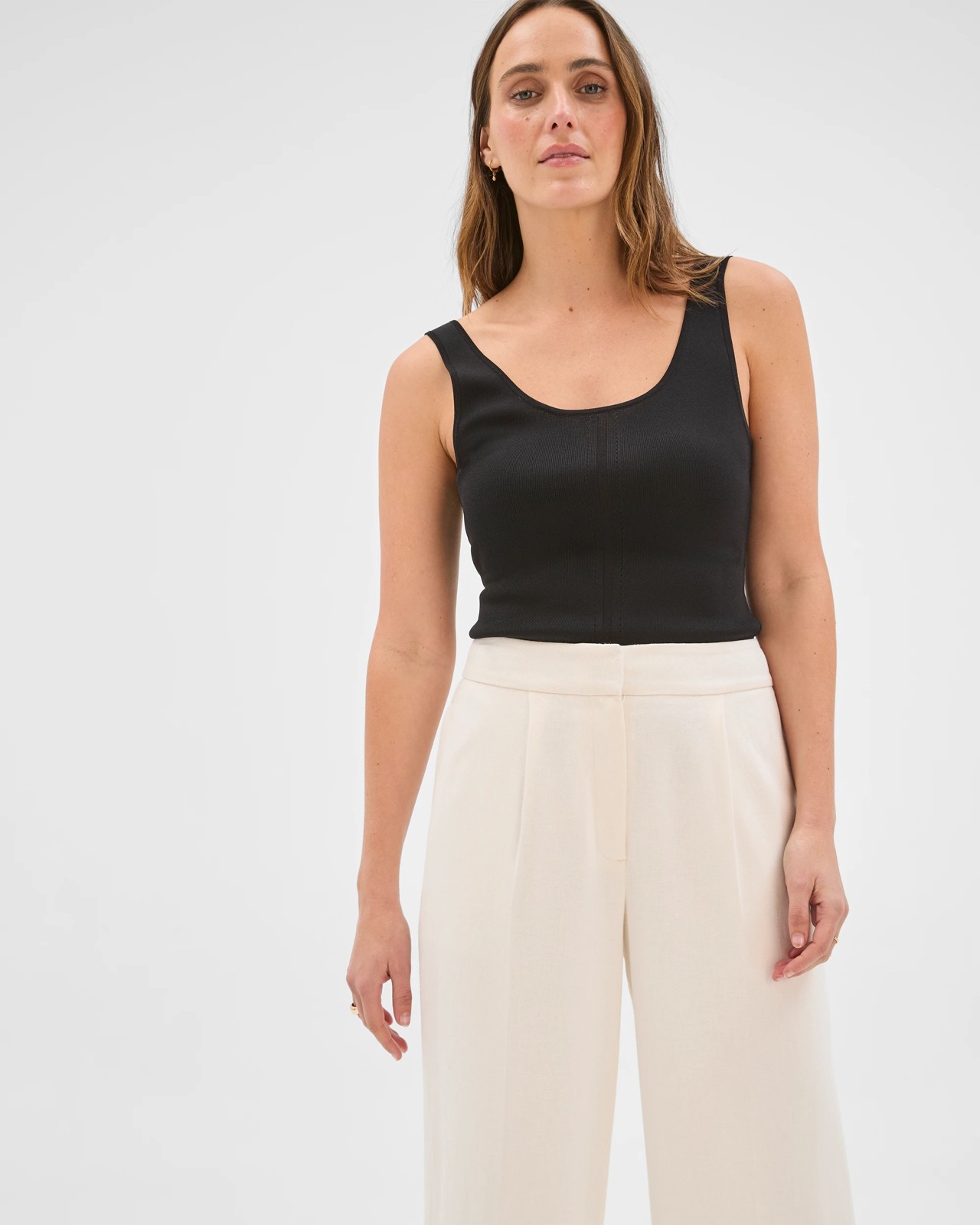 Preview Slim Fit Crepe Knit Detail Tank Top - Black 2 of 5