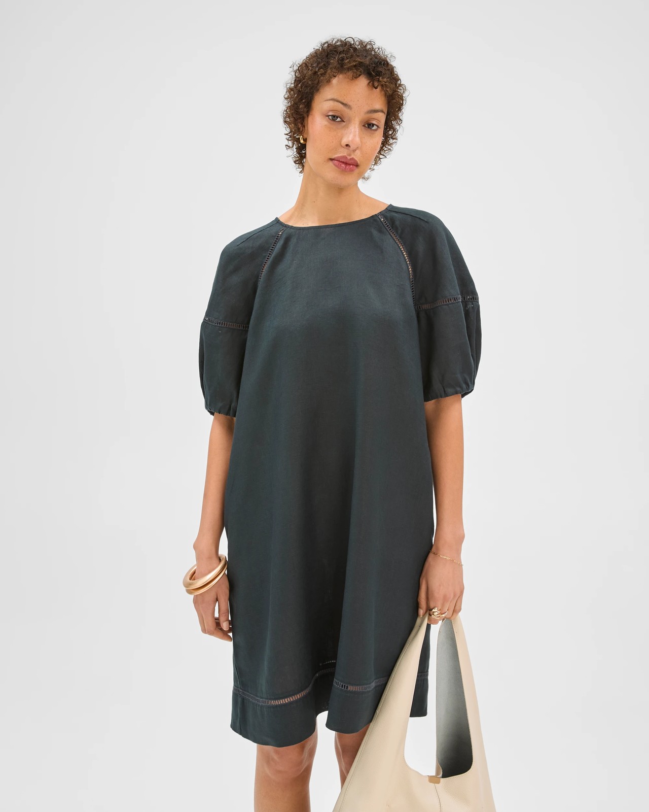 European Linen Trim Detail Mini Dress - Black 3 of 6