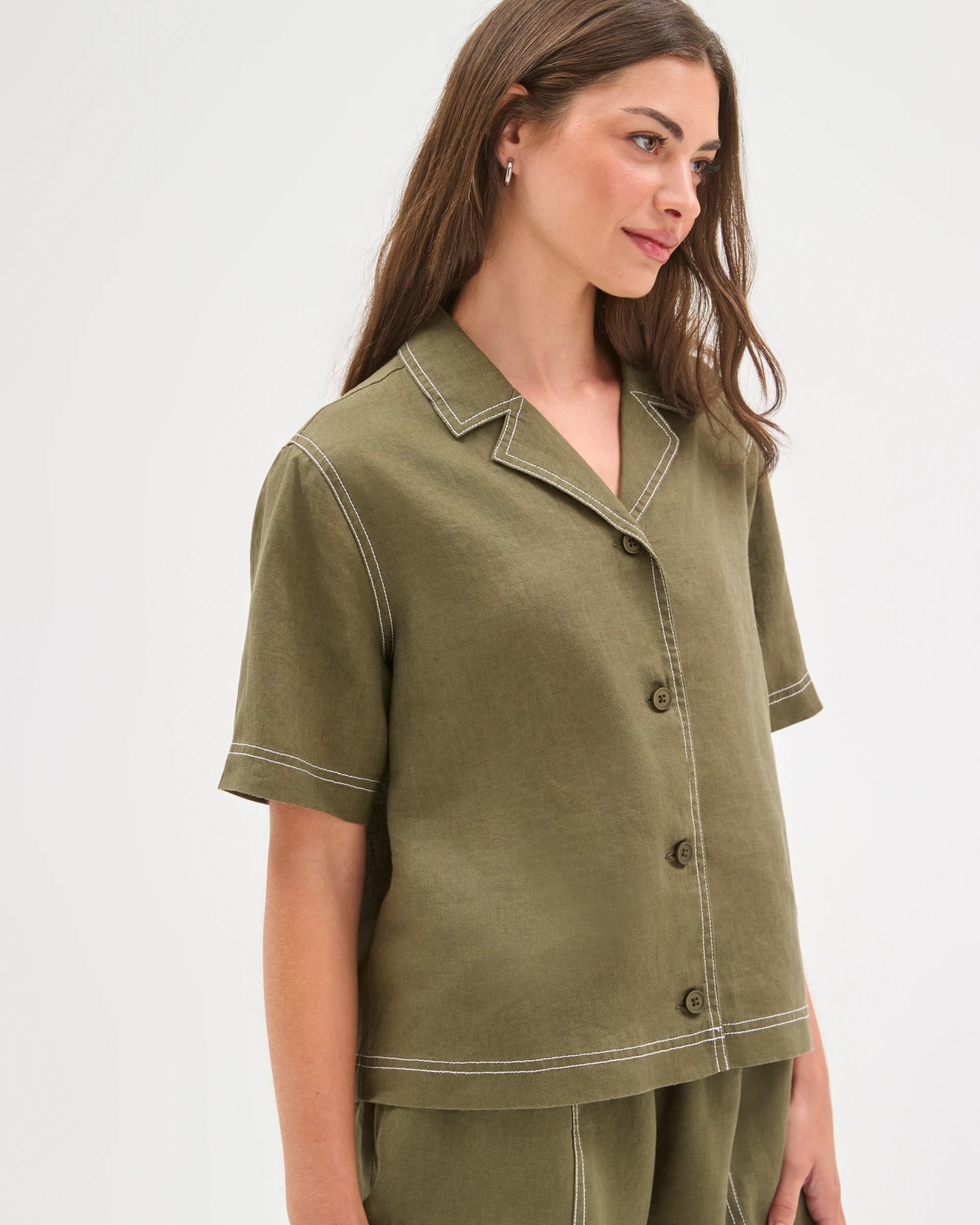 Petites European Linen Short Sleeve Contrast Stitch Shirt 3 of 5