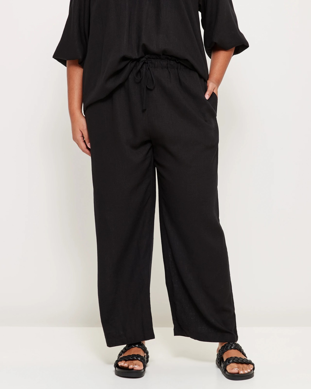 Black Linen Look Elastcated Waist Detail Trousers