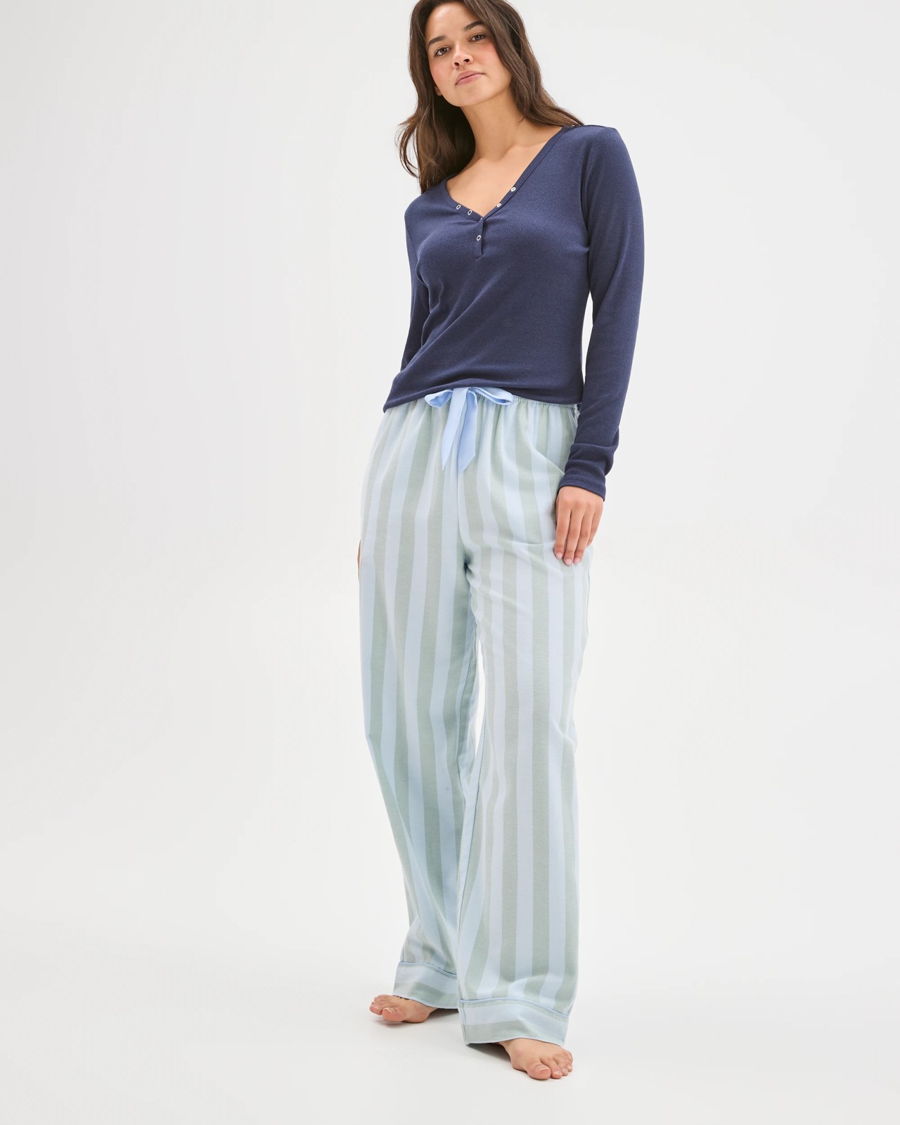 Australian Cotton Flannelette Wide Leg Sleep Pants - Green Stripe 3 of 5