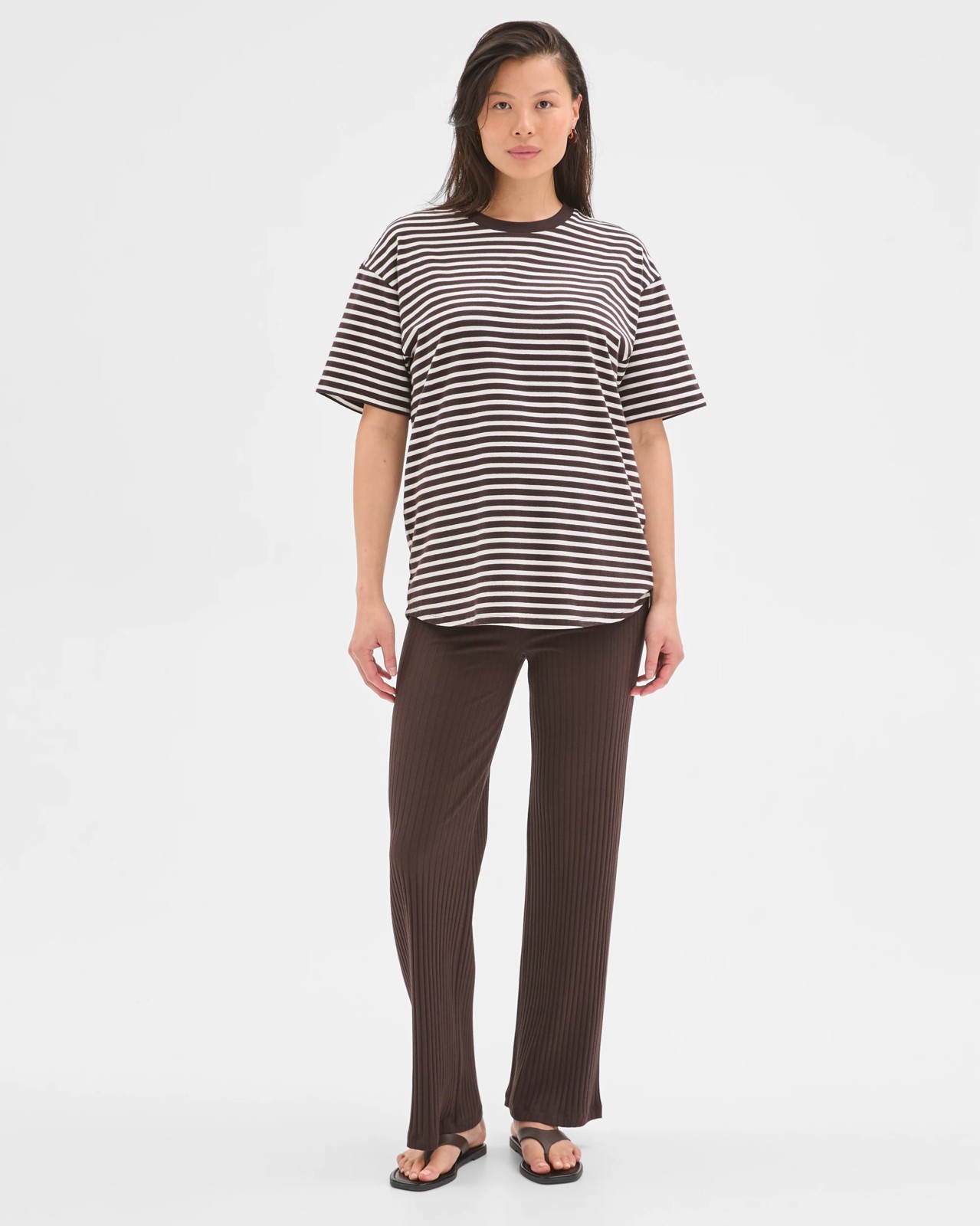 Maternity Australian Cotton Crew Neck T-Shirt - Chocolate/White Stripe 3 of 5