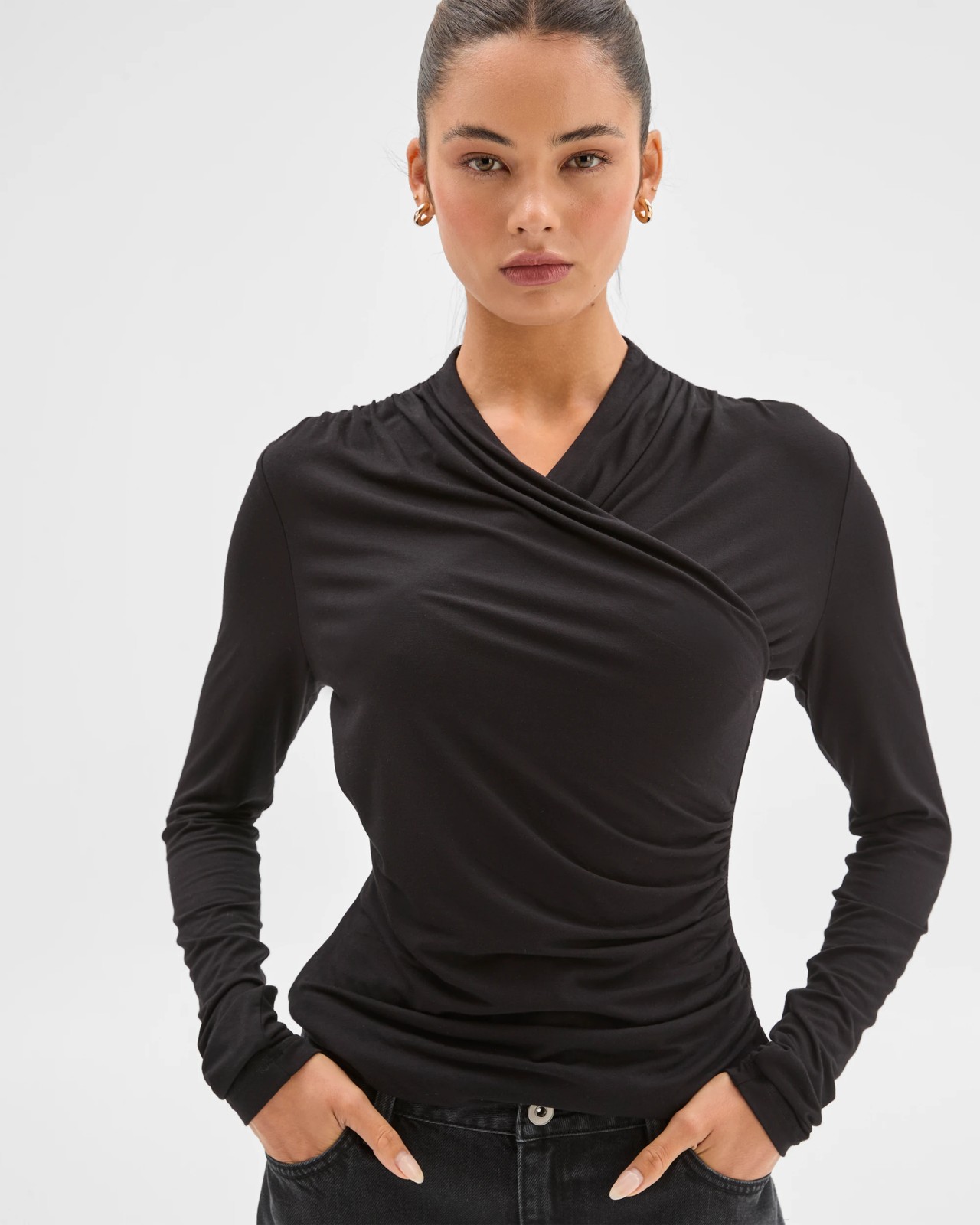 Lily Loves Long Sleeve Crossover Drape Top - Black 5 of 6