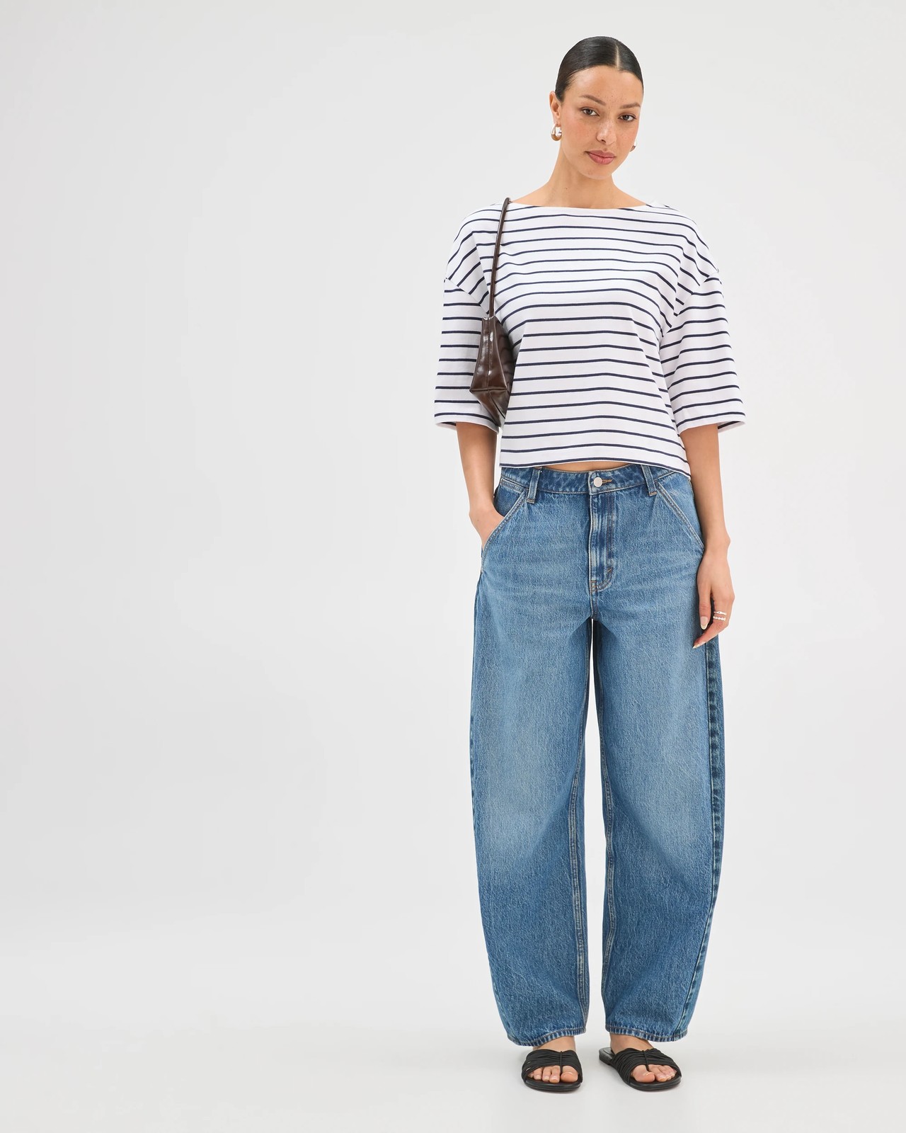 Australian Cotton Boat Neck Boxy T-Shirt - White/Navy Stripe 2 of 5