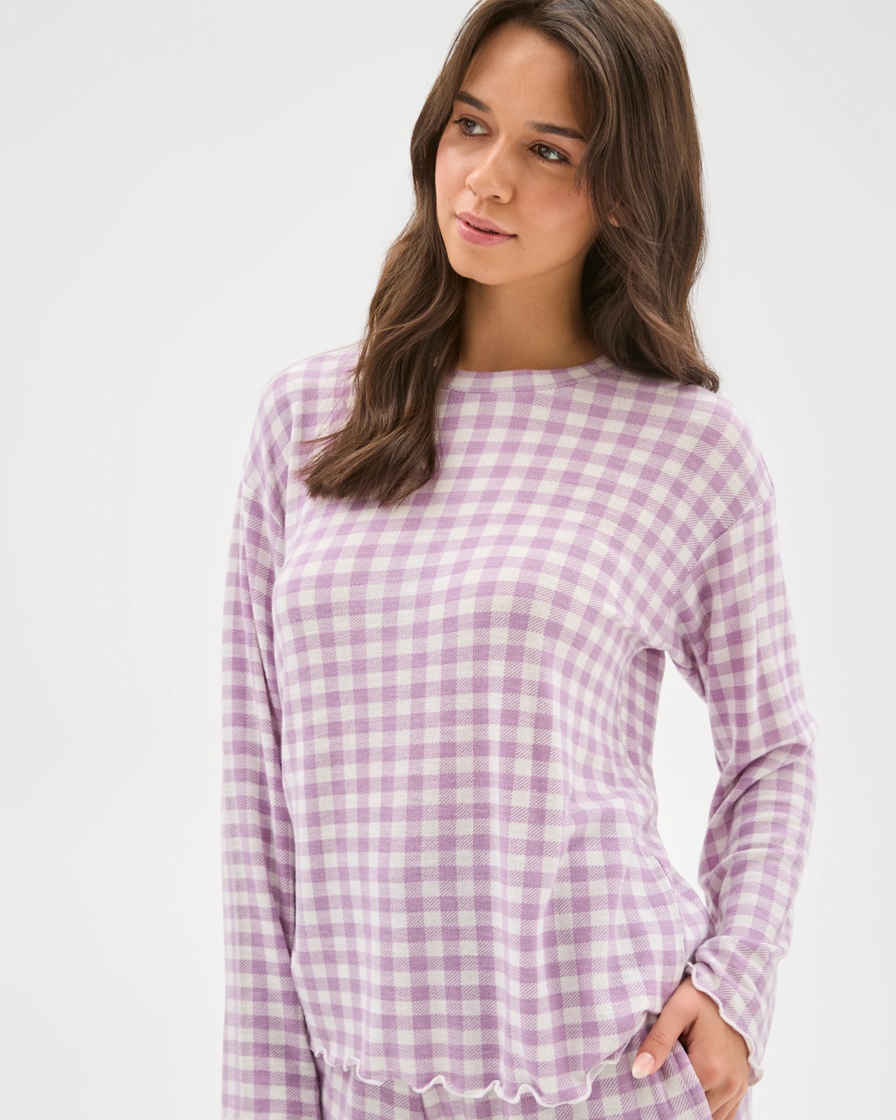 Cosy Slub Knit Sleep Top - Purple gingham 3 of 6
