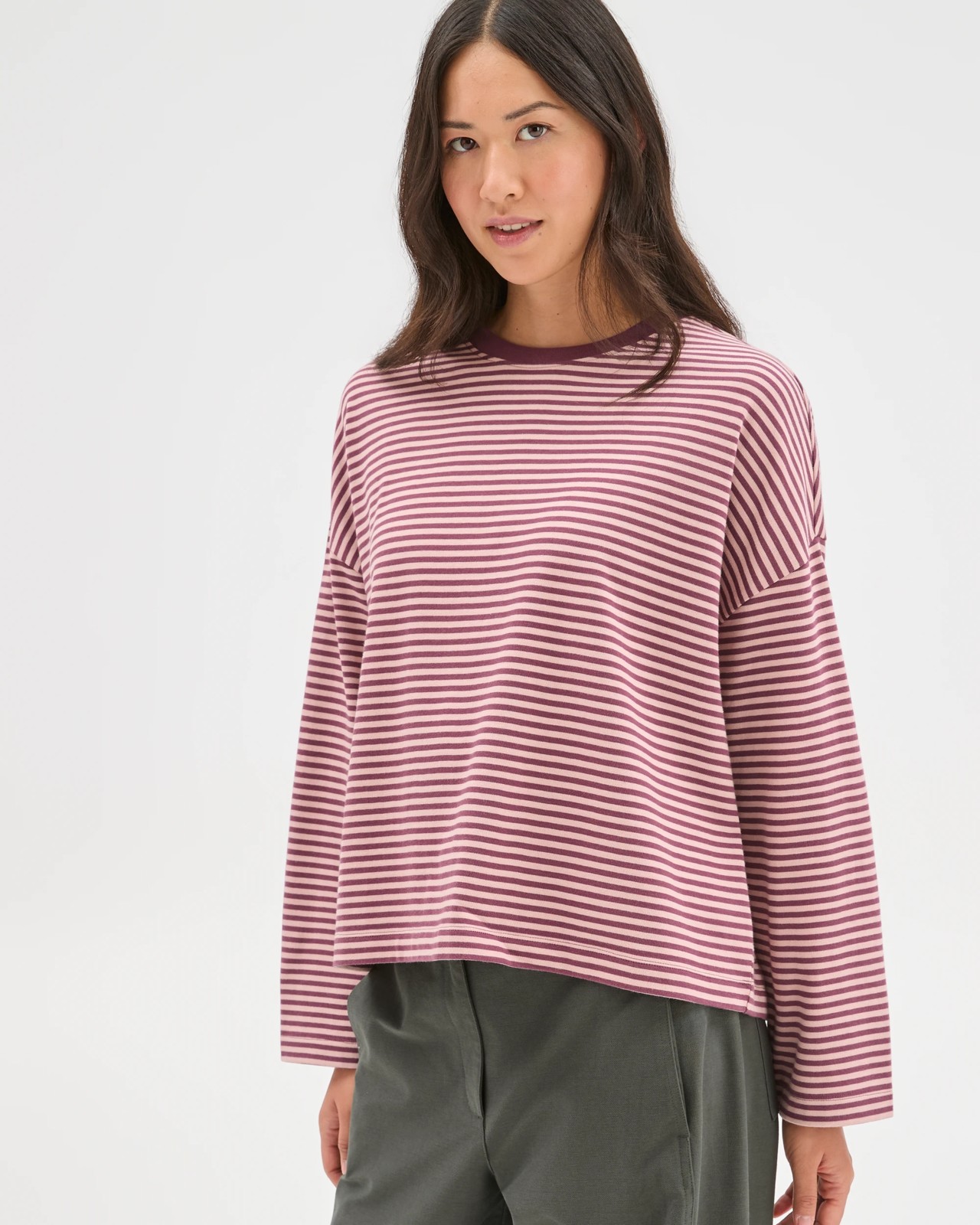 Australian Cotton Long Sleeve Heavyweight Oversized T-Shirt - Pansy/Soft Blush Stripe 5 of 6
