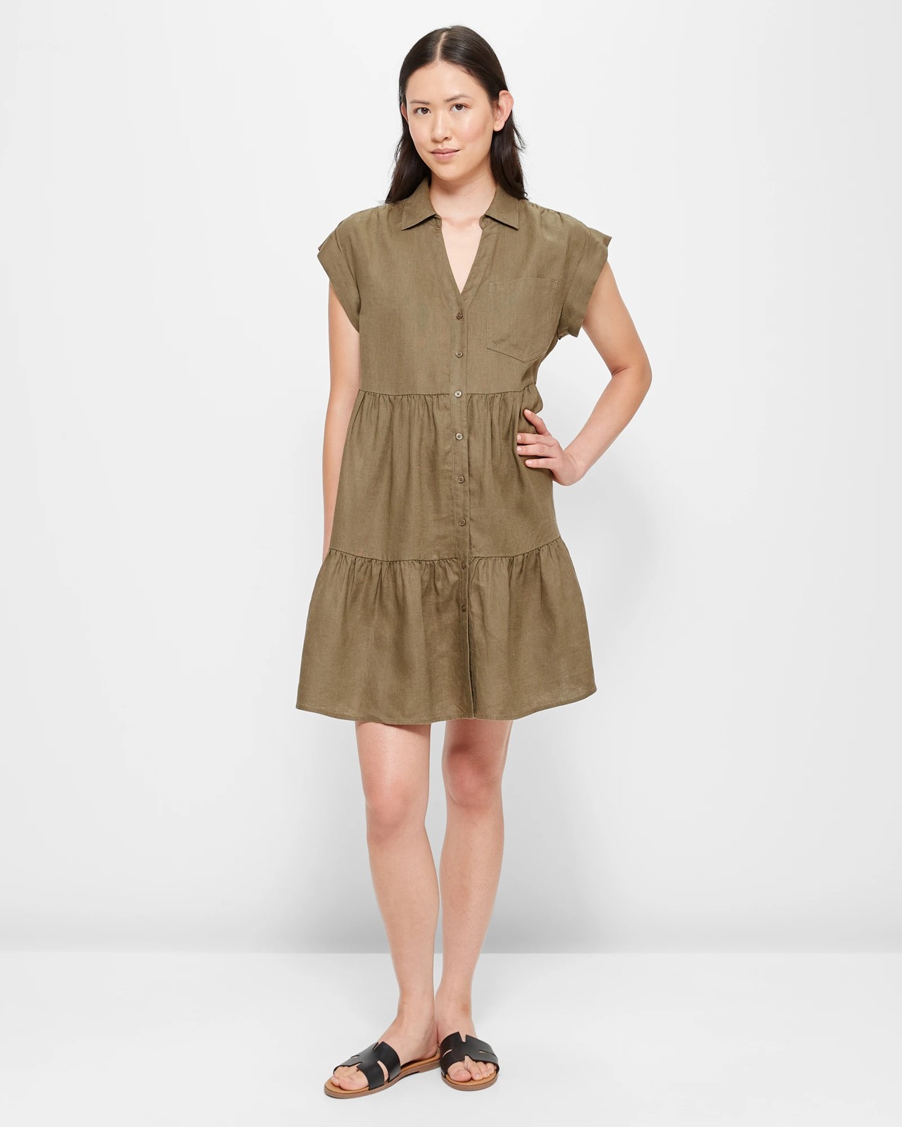 European Linen TIered Mini Dress - Olive Green | Target Australia