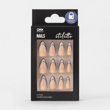 False Nails 24 Pack, Stiletto Shape, Blue Outline - OXX Cosmetics