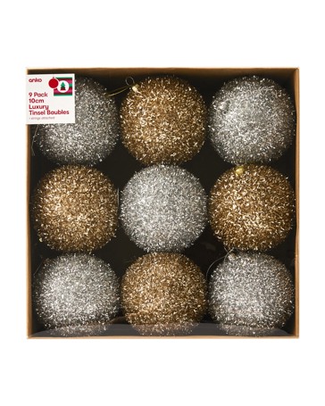 Anko 9 Pack 10cm Luxury Tinsel Baubles