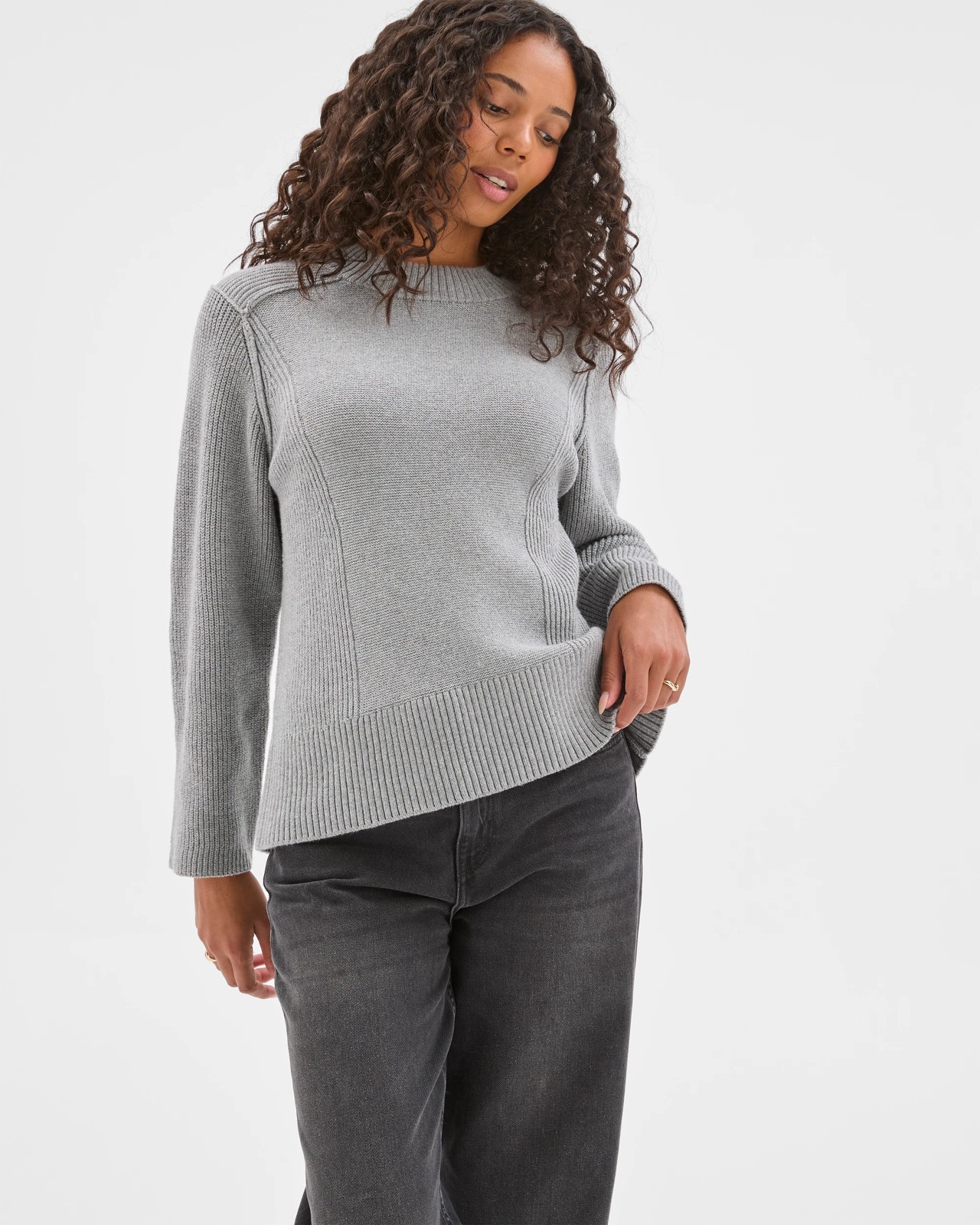 Australian Cotton Blend Knit Stitch Crew Neck Jumper - Mid Grey Marle 4 of 5