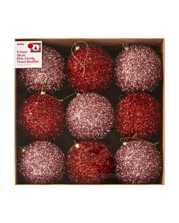Anko 9 Pack 10cm Pink Candy Tinsel Baubles