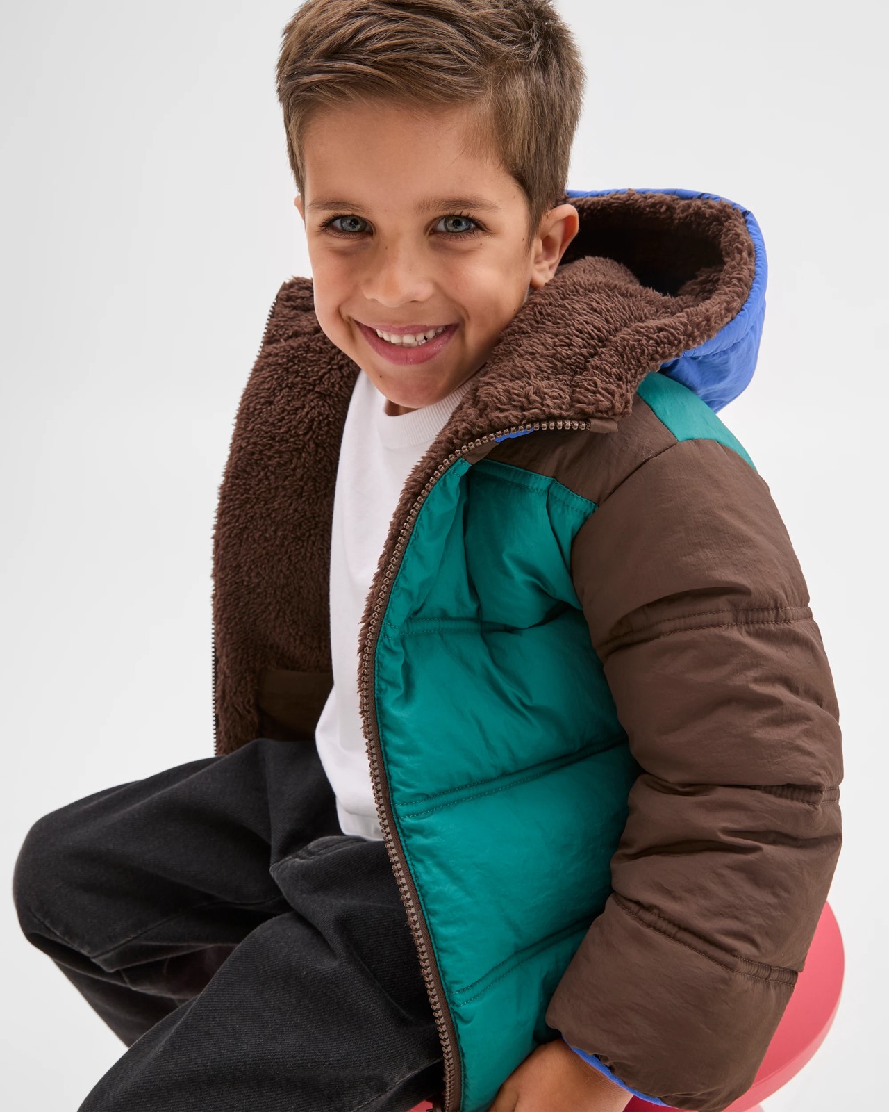 Reversible Hooded Puffer Jacket - Brown/Blue/Green 2 of 5