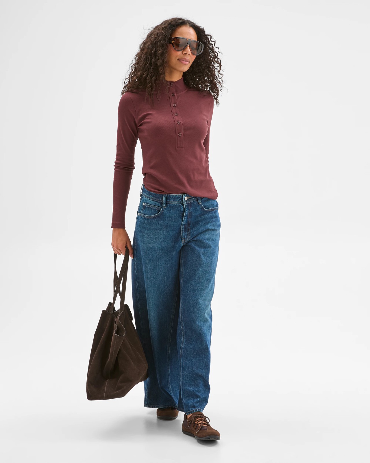 Australian Cotton Long Sleeve Mock Neck Henley Top - Burgundy 2 of 6