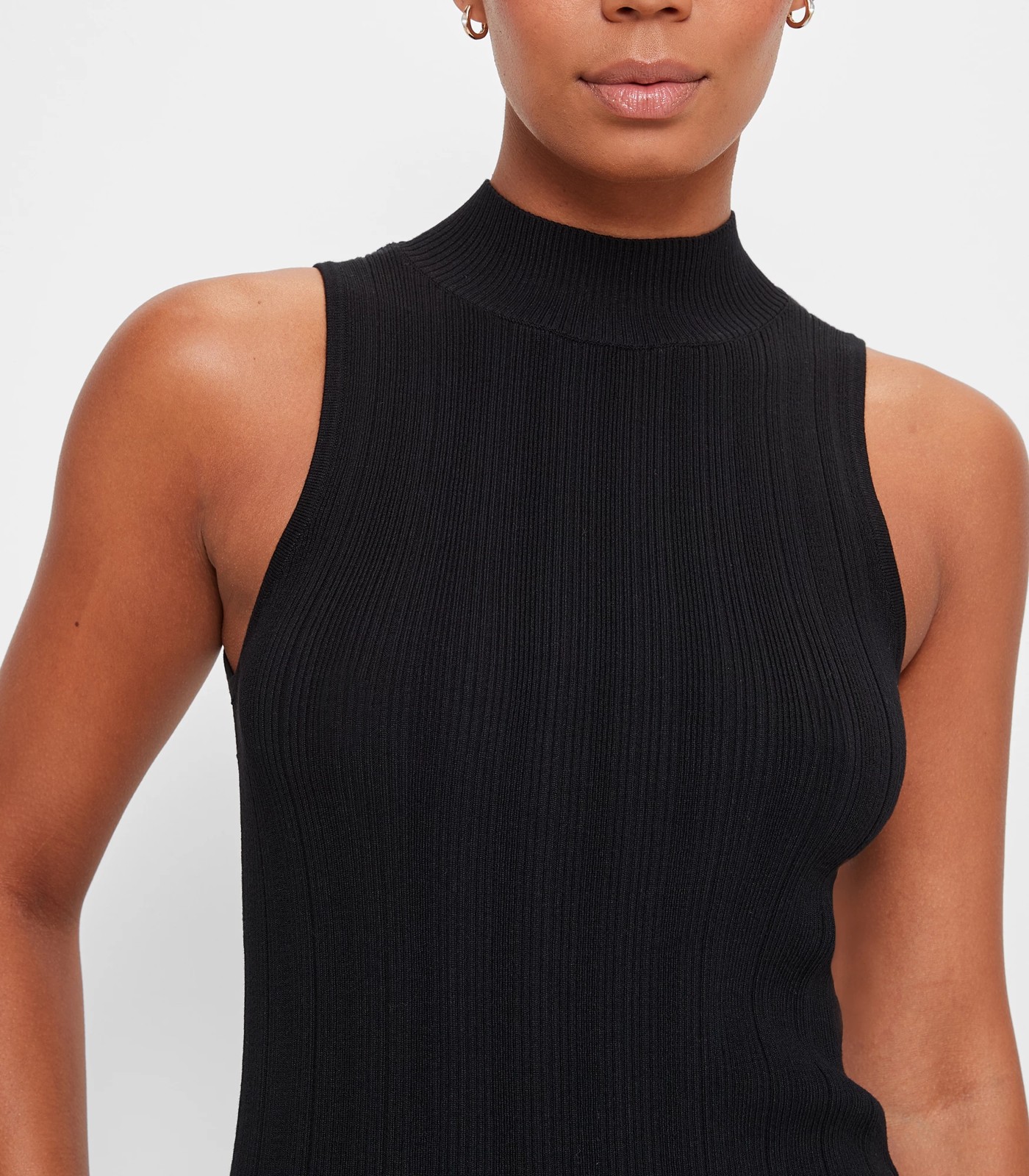 Sleeveless Mock Neck Variegated Knit Top - Preview - Black