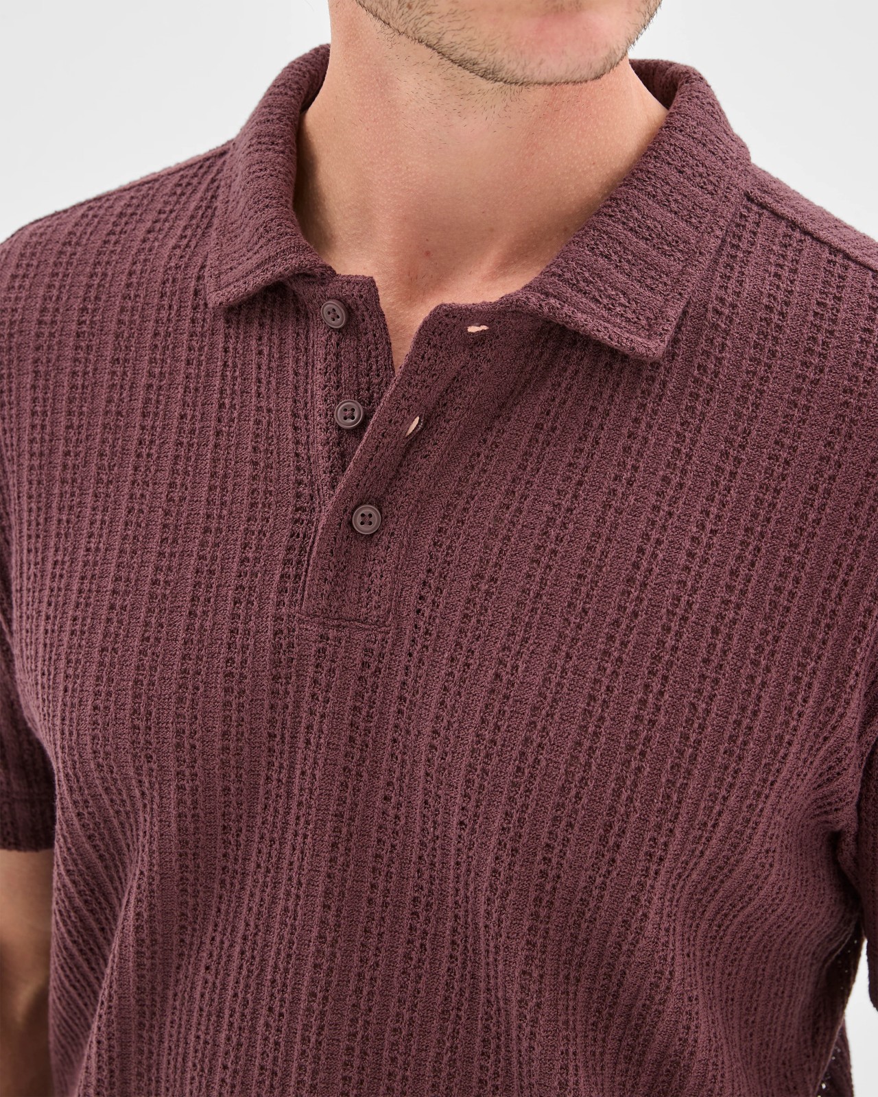 Australian Cotton Blend Pointelle Polo Top - Fudge 3 of 5