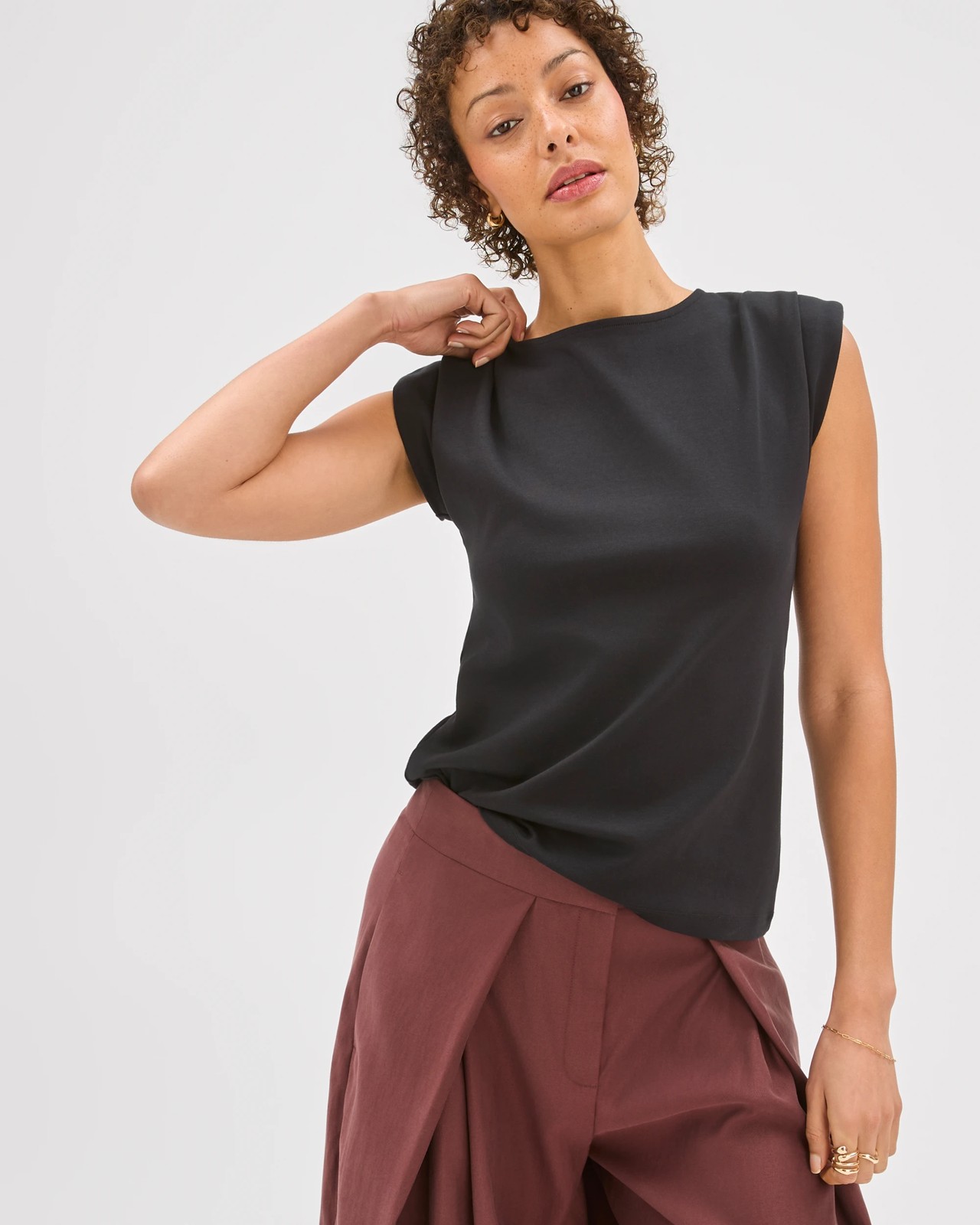 Preview Australian Cotton Sleeveless Shoulder Pad Tuck Detail Top - Black 2 of 6
