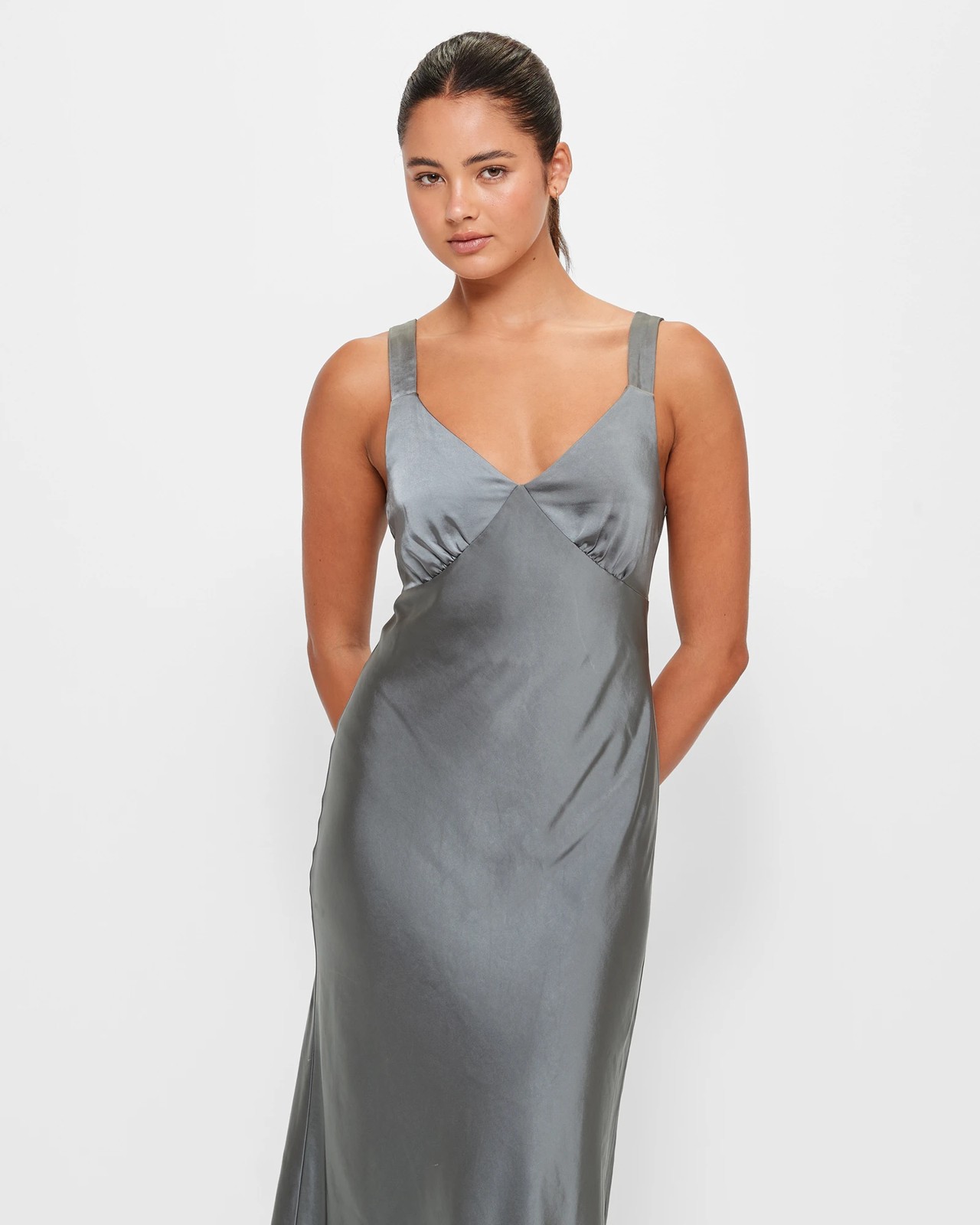 Gunmetal Grey Long Satin Slip Dress