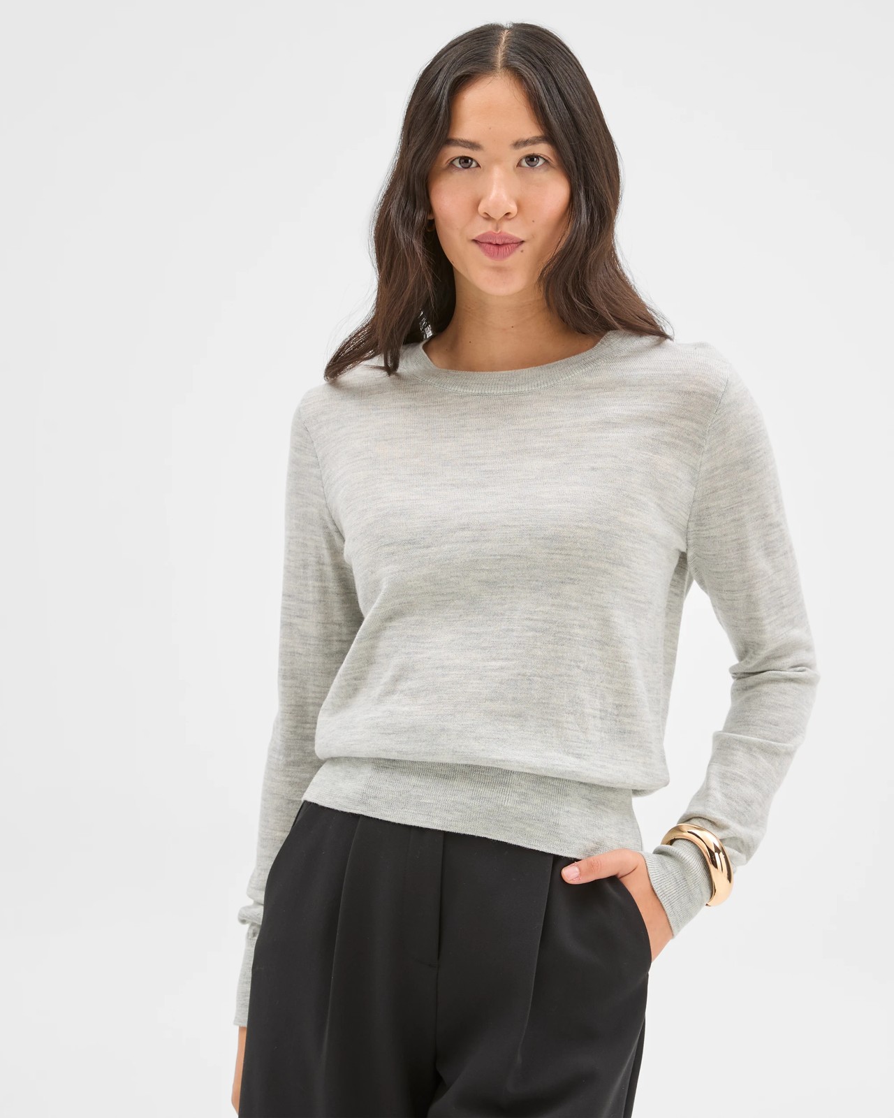 Preview Merino Crew Neck Stitch Detail Knit Sweater - Grey 3 of 6