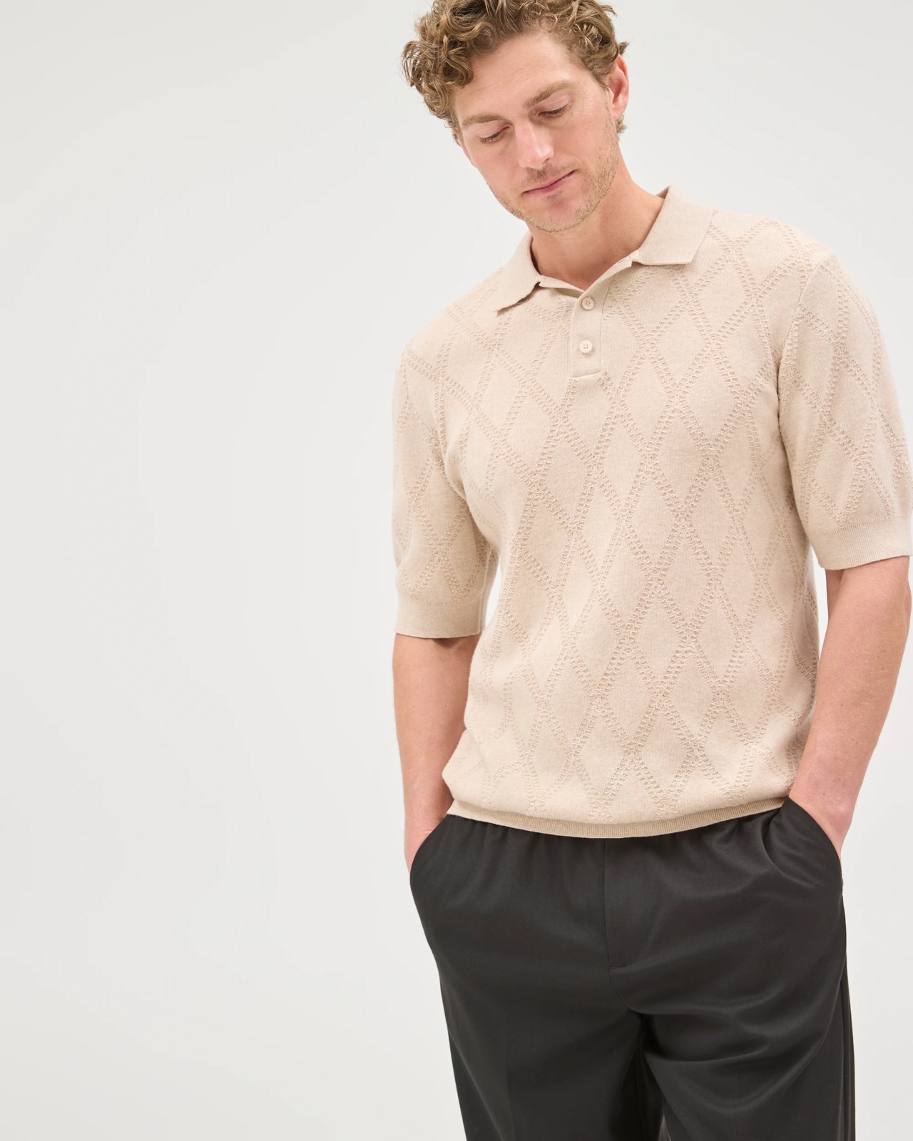Preview Australian Cotton Jacquard Knit Polo Top - Moonbeam 4 of 5