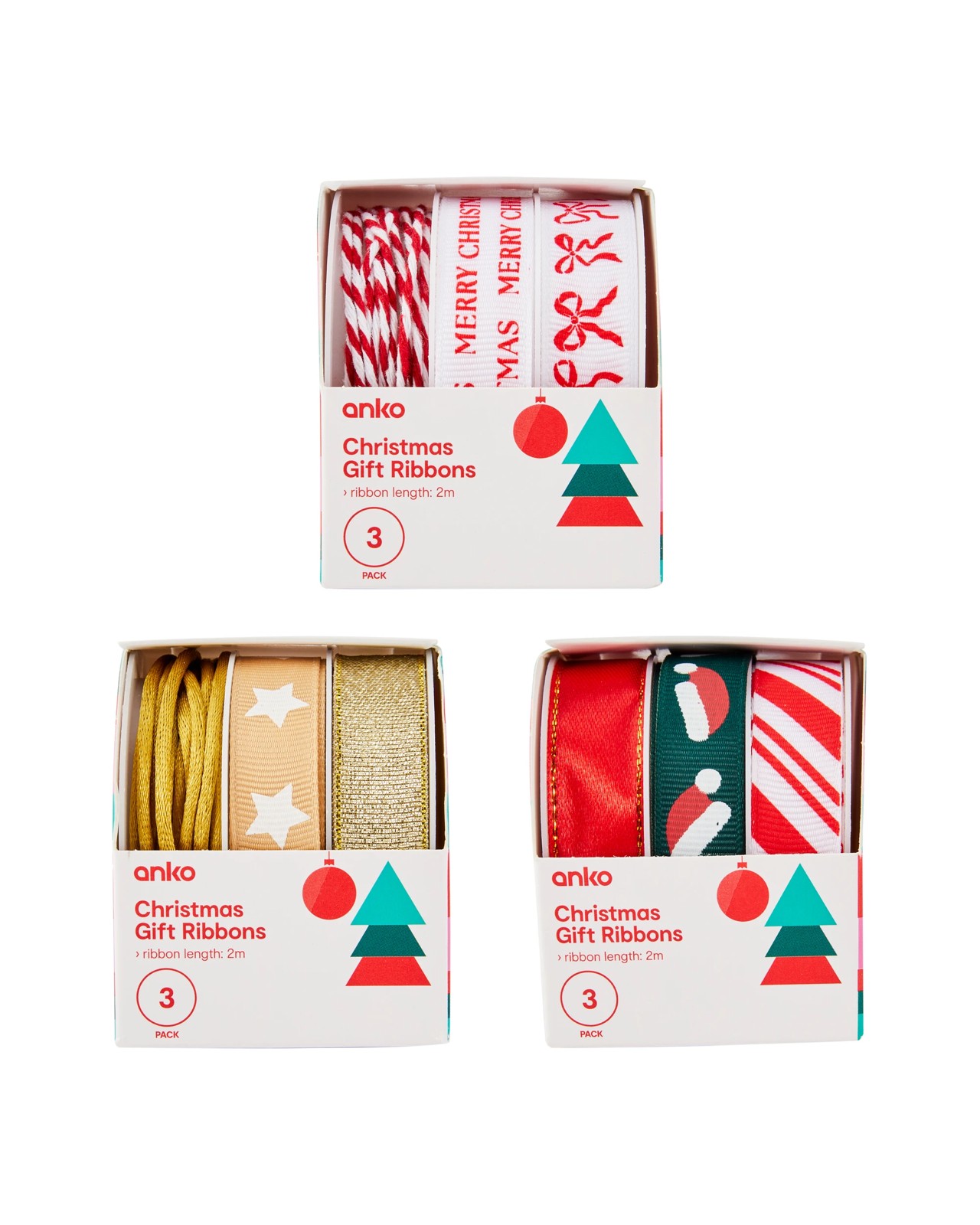 Anko 3 Pack Christmas Gift Ribbons - Assorted 3 of 3