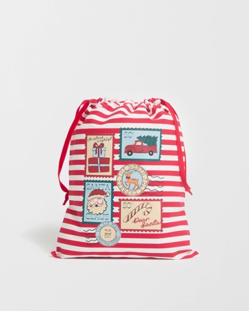 Cotton Christmas Stamps Drawstring Bag