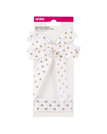 2 Piece Fabric Bow and Ribbon Set, Gold Dot - Anko