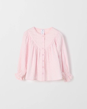 Long Sleeve Woven Button Through Ruffle Blouse