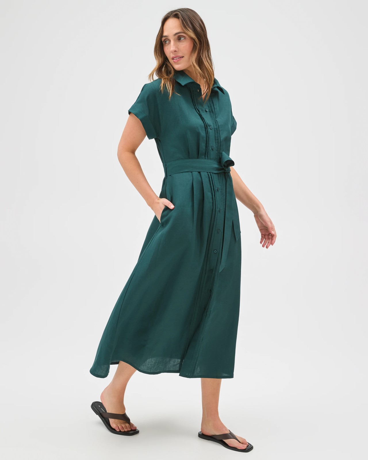 Preview Short Sleeve Pintuck Midi Shirt Dress - Deep Green 4 of 5