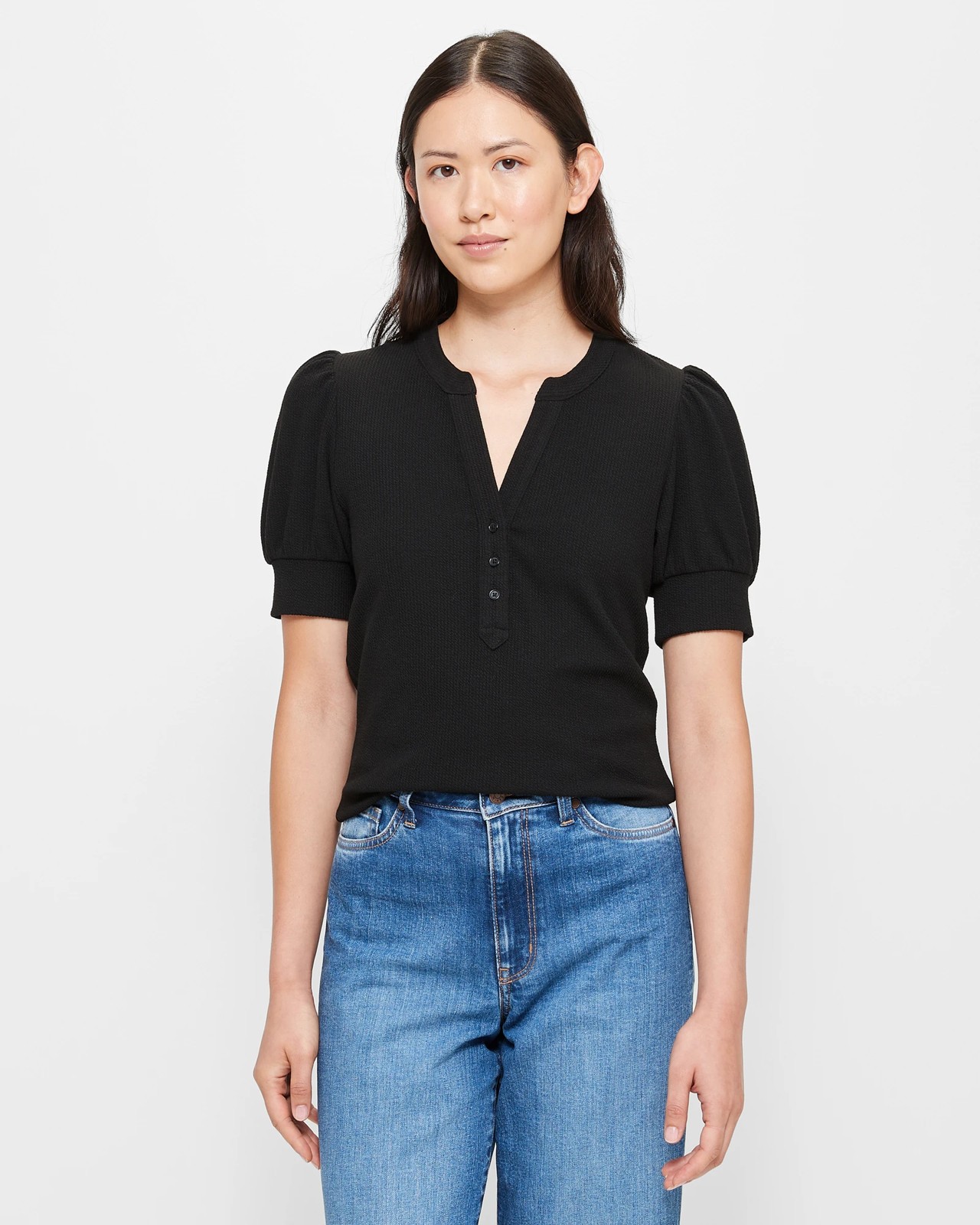 Ribbed Henley Shirt - Black - Ladies