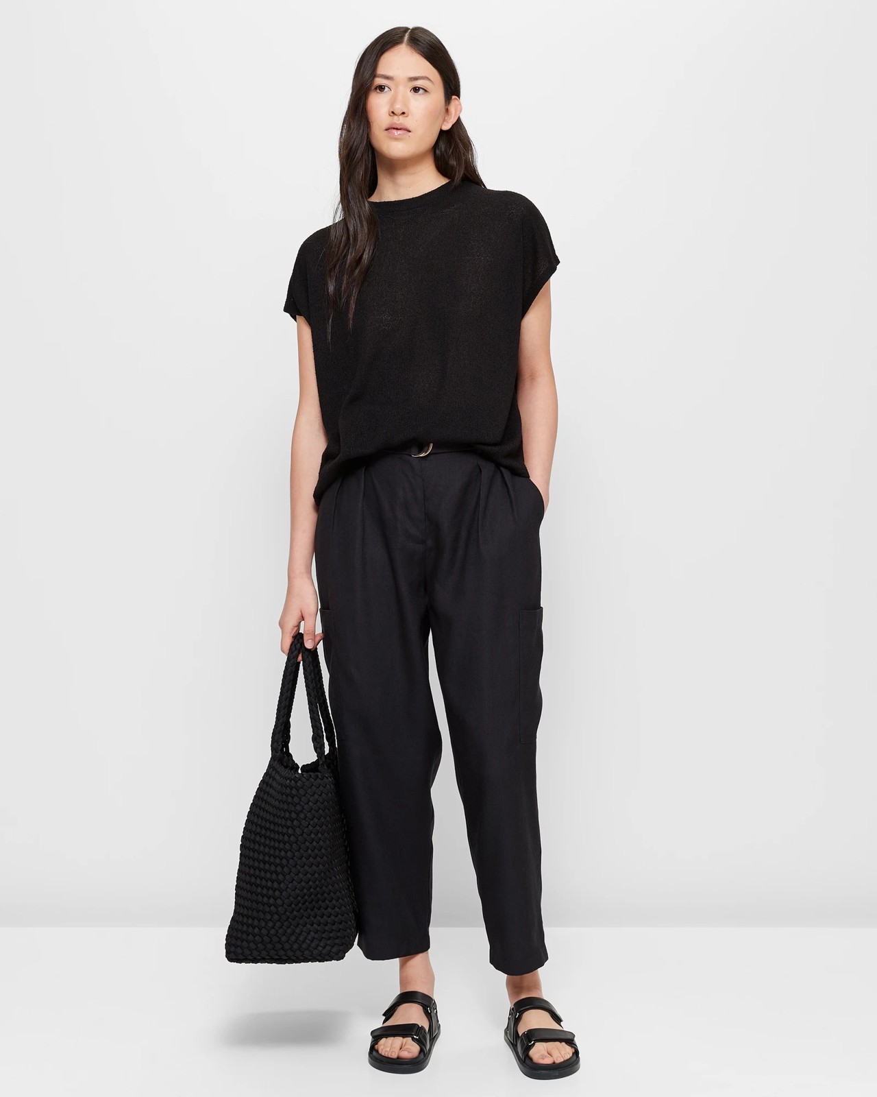 Linen Blend Belted High Waist Pants