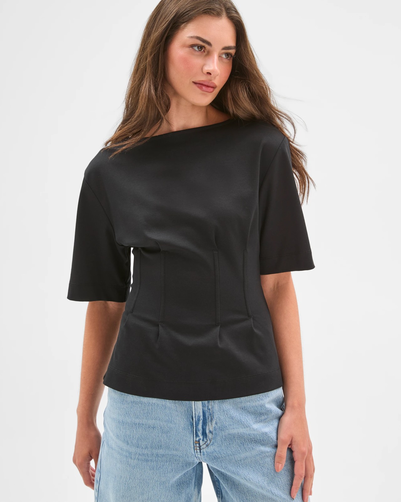 Petites Australian Cotton Short Sleeve Waisted Top - Black 5 of 5