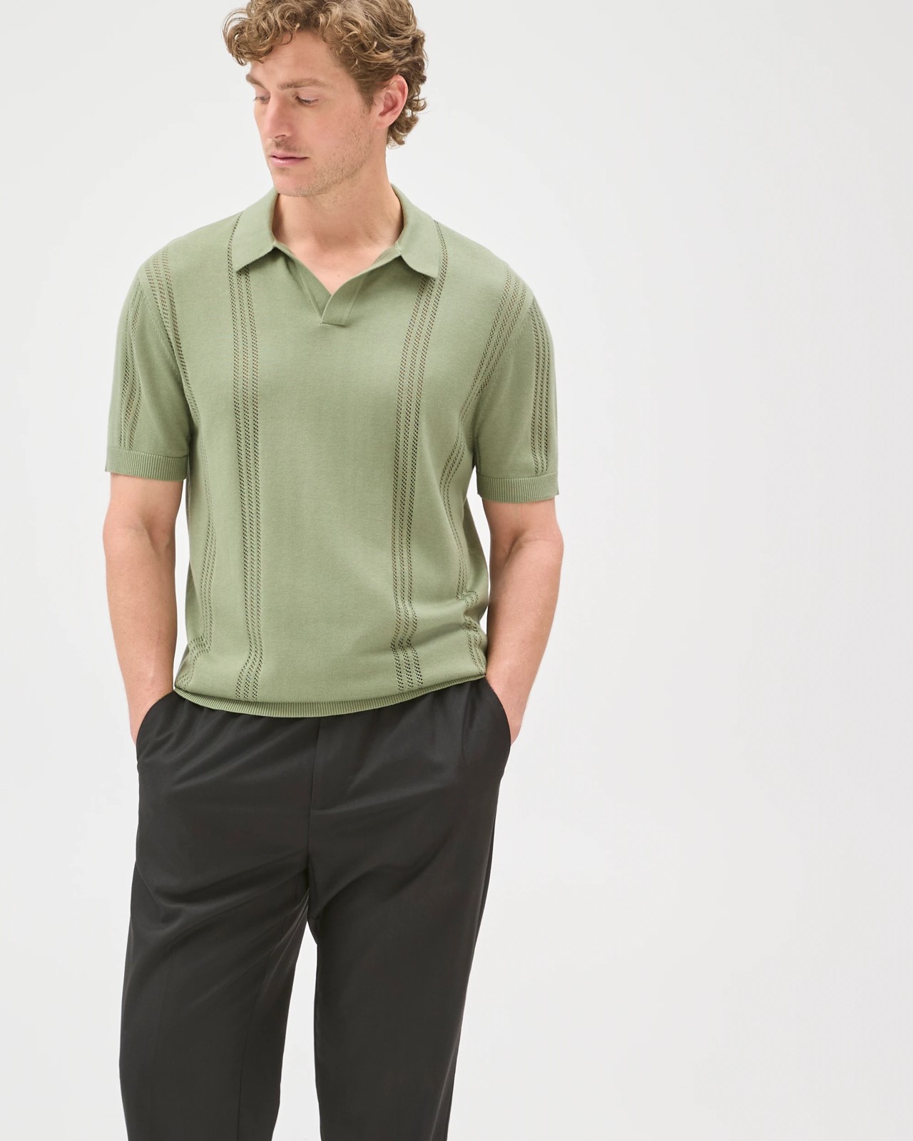 Preview Revere Pointelle Knit Polo Top - Green 3 of 5
