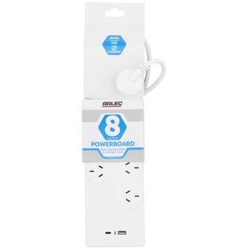 8 Outlet Entertainment Powerboard with 2 USBs A&C - Arlec