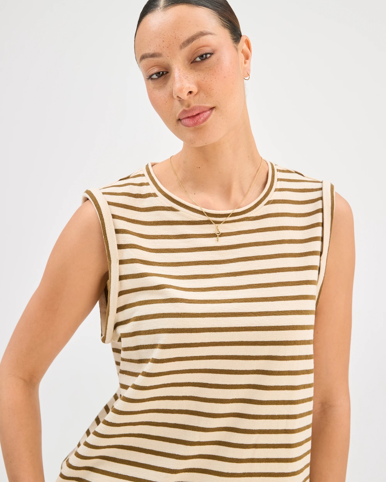 Australian Cotton Textured Tank Top - Cloud Dancer/Dusty Moss Stripe 3 of 6
