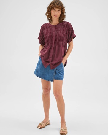 Short Sleeve Shirred Button Through Top